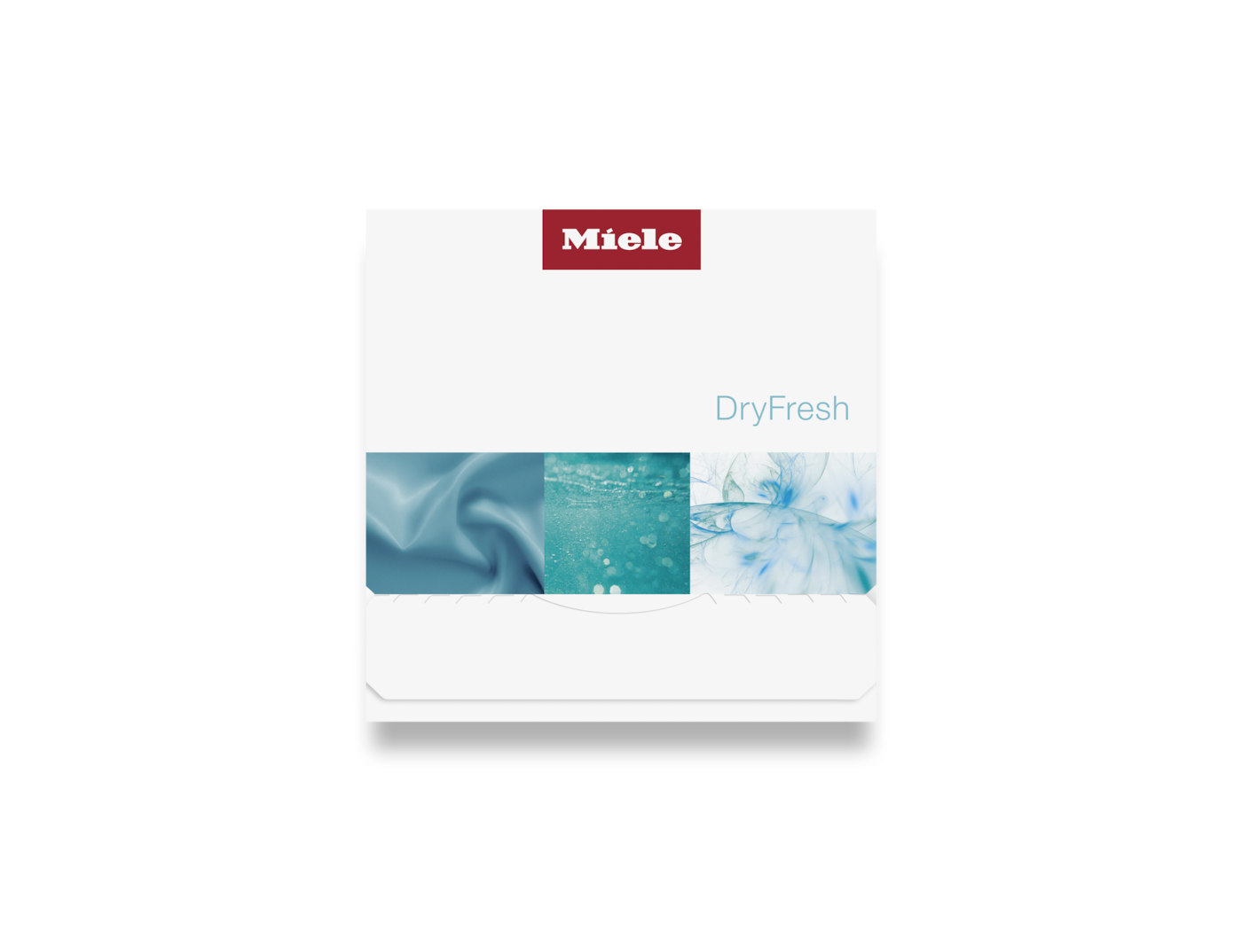 Miele DryFresh Broschüre mit blauen Stoff-, Wasser- und abstrakten Grafiken.