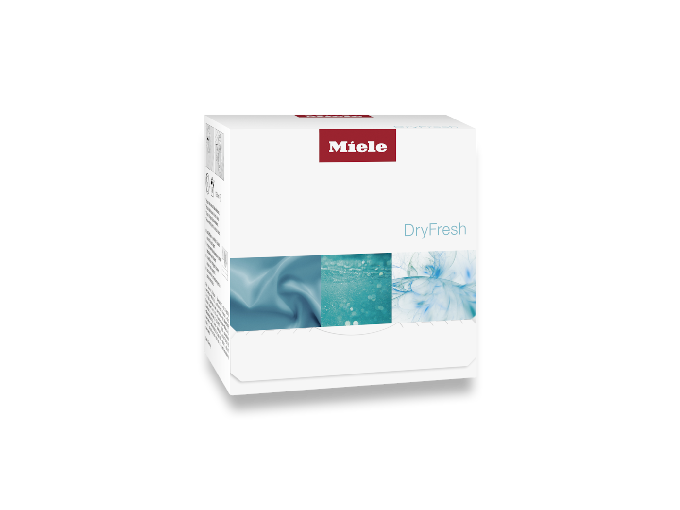 Miele DryFresh Box mit Bildern von Stoff, Blasen und blauen Mustern.