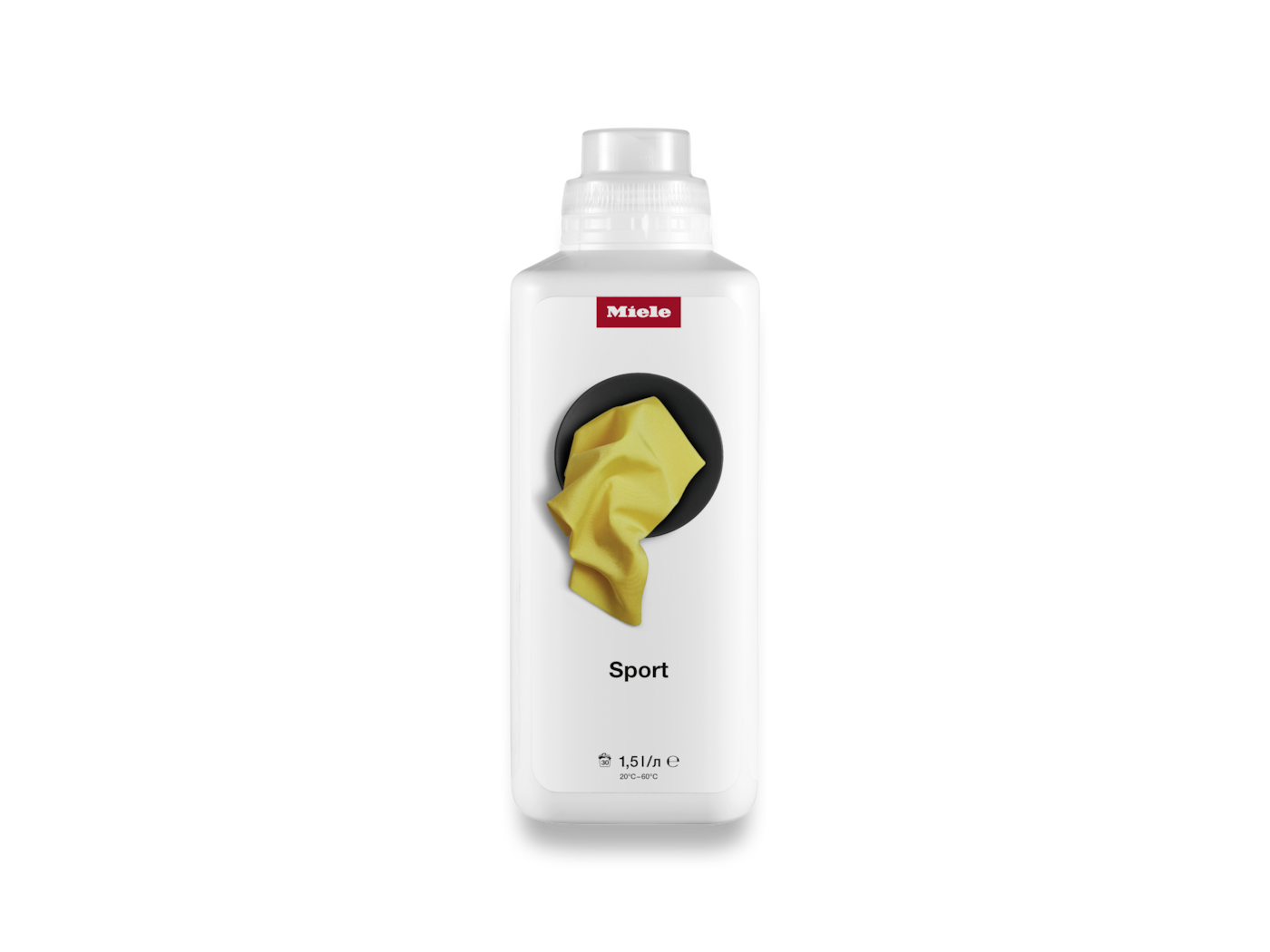 Weiße Flasche Miele Sport Waschmittel mit gelbem Tuch-Symbol.