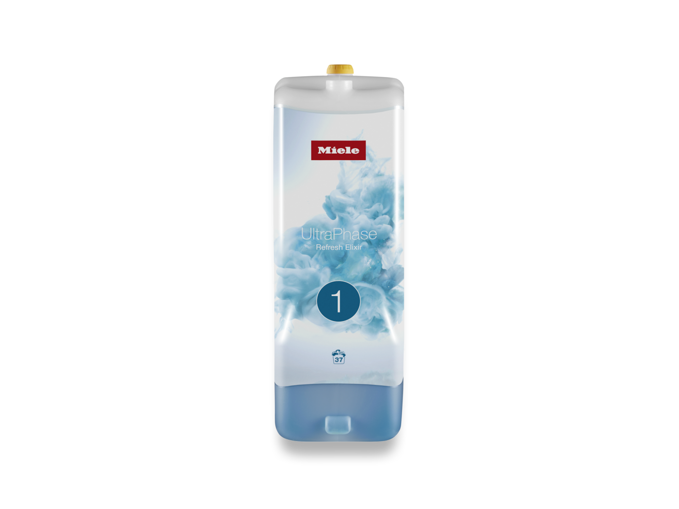 Eine Miele UltraPhase Waschmittelflasche. Sie ist weiß und blau, mit der Nummer 1 und den Worten 'Refresh Elixir'. Der Hintergrund ist schwarz.