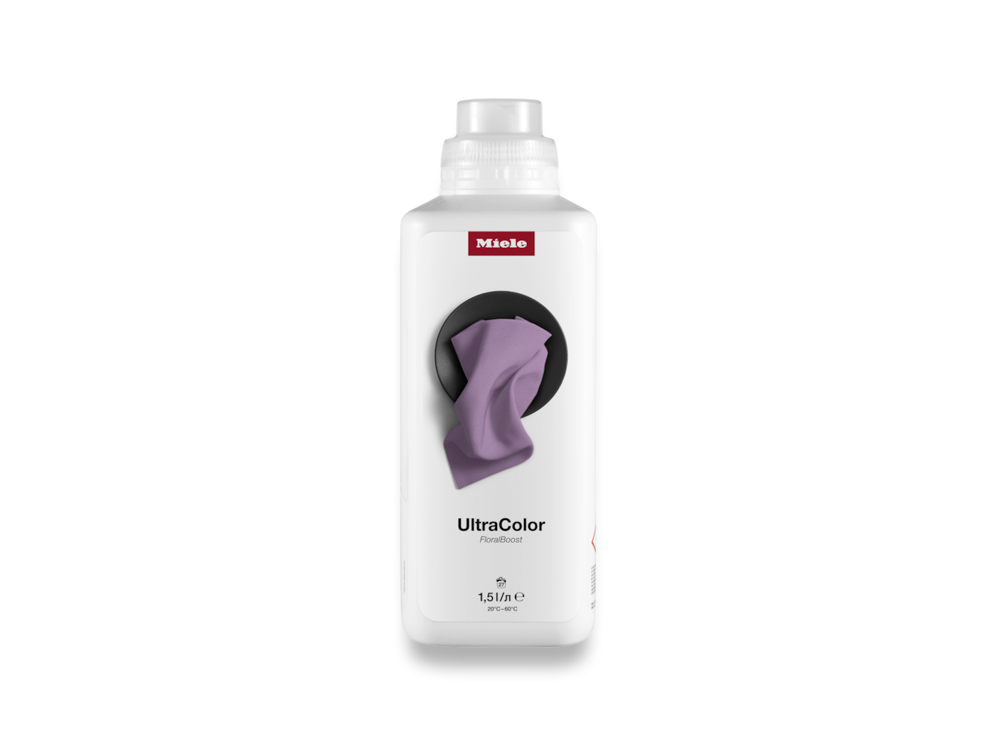 Weiße Flasche Miele UltraColor Waschmittel mit lila Stoffprobe.