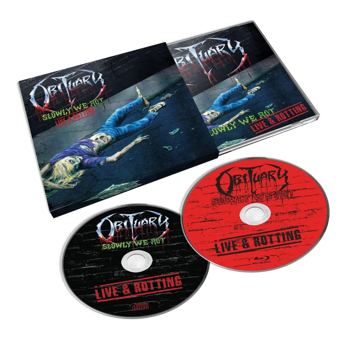 Az Obituary 'Slowly We Rot: Live & Rotting' albumának CD-tokja és lemezei. A borítón egy ember látható az utcán.