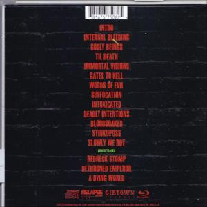 Fekete albumborító piros szöveggel. Dalszövegeket sorol fel, mint például 'Intro', 'Internal Bleeding' és 'Gates to Hell'.