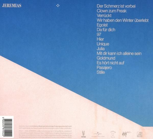 Rückseite eines Musikalbums mit blau-weißem Design und deutschen Songtiteln.