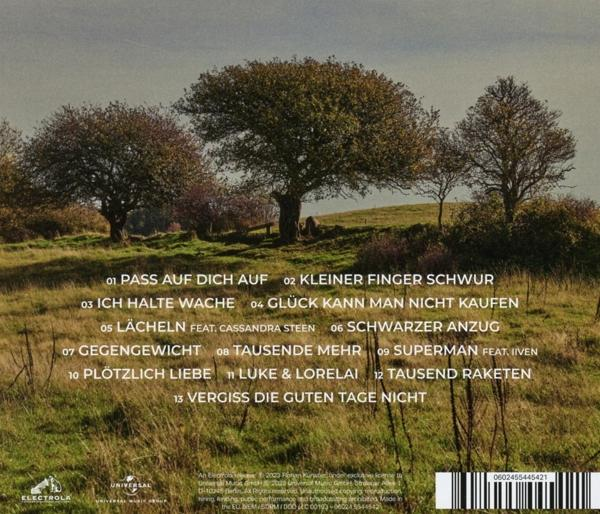 Albumcover: Eine CD mit Titeln, Bäumen und einem Feld. Grün, gelb, braun.