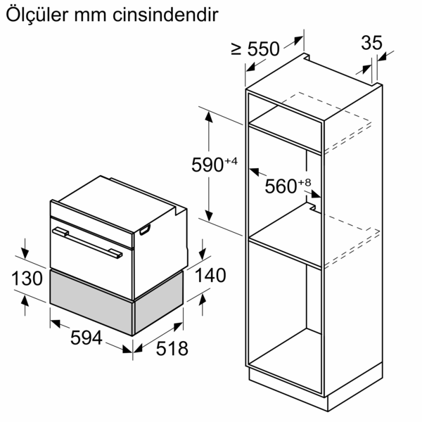 Fırın ve depolama ünitesinin diyagramı. Fırının boyutları var. Ünitenin boyutları var. Hepsi mm cinsinden.