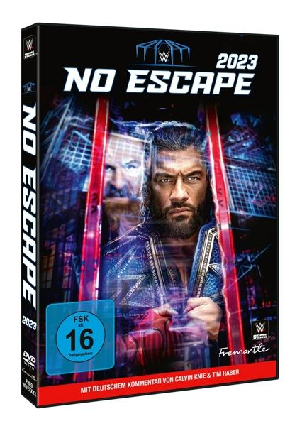 DVD-Cover für 'WWE No Escape 2023'. Zeigt Wrestler Roman Reigns und Event-Branding.