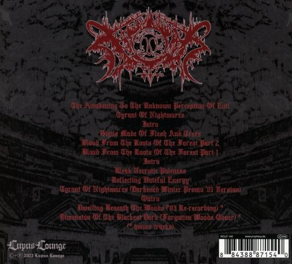 Albumcover mit rotem Logo und Tracklist auf dunklem Hintergrund, im Gothic-Stil.