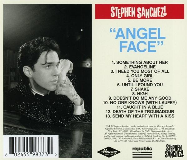 Die Rückseite der "Angel Face" CD von Stephen Sanchez. Texte und eine Titelliste sind sichtbar.