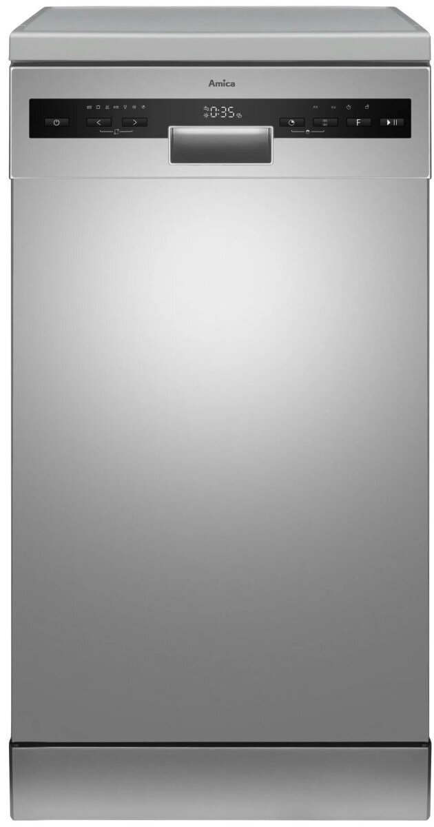 Srebrna zmywarka Amica na białym tle. Wyświetla zegar cyfrowy i przyciski sterowania.