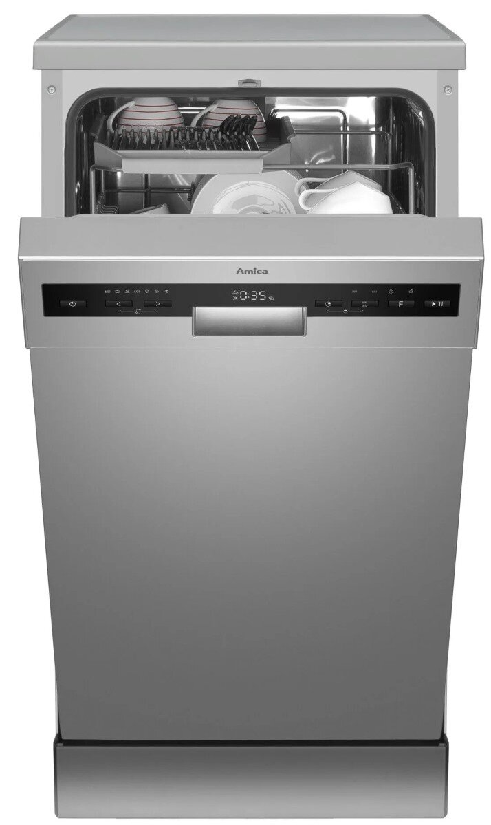 Srebrna zmywarka z otwartymi drzwiami, pokazująca naczynia w środku. Przedni panel ma przyciski.