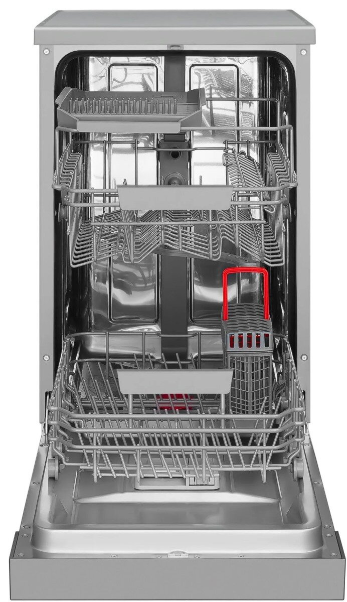 Wnętrze zmywarki, otwarte, z koszami na naczynia i czerwonym koszykiem.