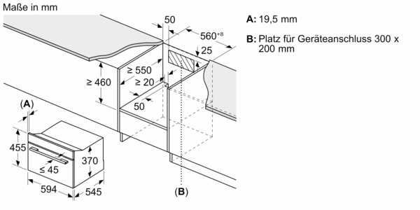 Technische Zeichnung eines Küchengeräts mit Maßen in Millimetern.