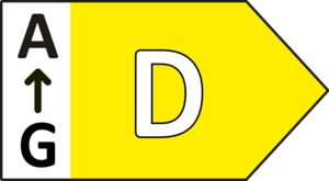 Energielabel mit einem Pfeil, der nach oben zum Buchstaben D zeigt, und dem Buchstaben G darunter.