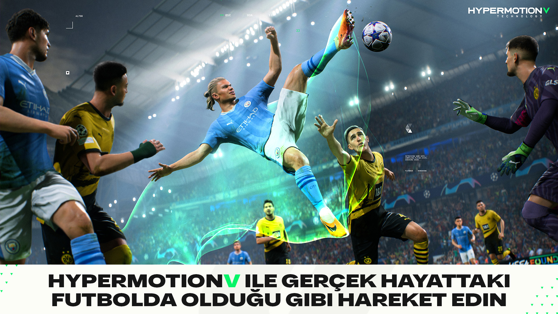 Oyuncular, top ve stadyum ışıkları ile futbol maçı sahnesi. Bir oyuncu topa vuruyor. HyperMotionV teknolojisi.