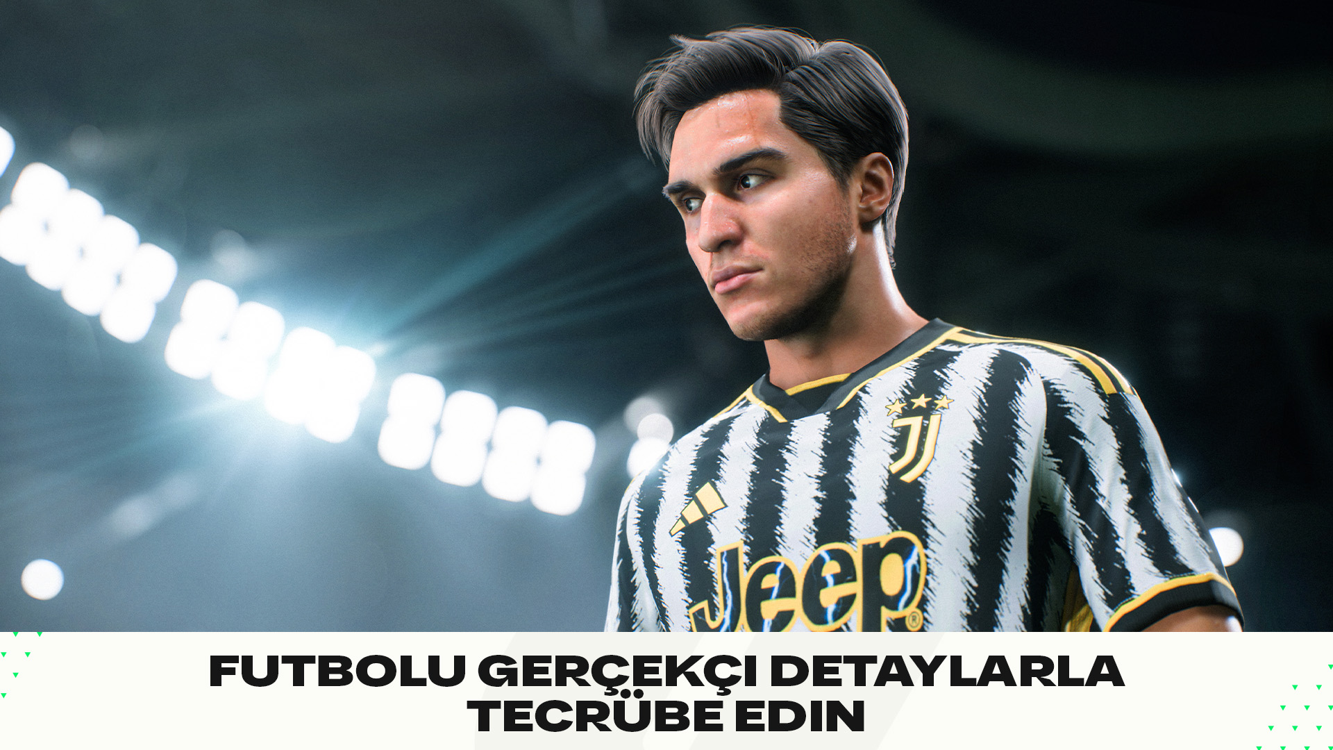Futbol oyunu ekran görüntüsü: Juventus forması giyen bir oyuncu, stadyumda, ciddi görünüyor.