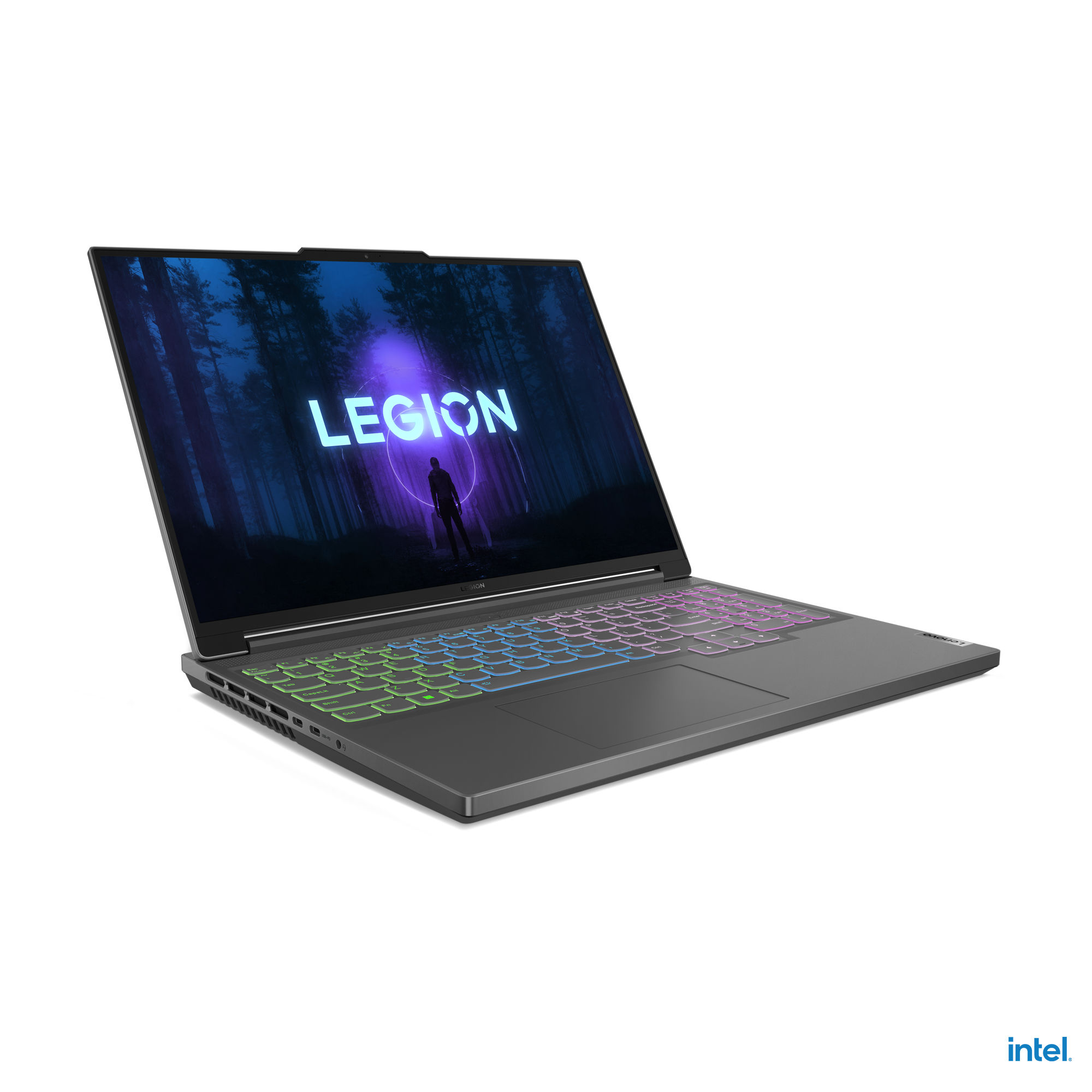 Canlı bir ekran ve neon figür gösteren bir Lenovo Legion dizüstü bilgisayar. Klavye aydınlatılmış.