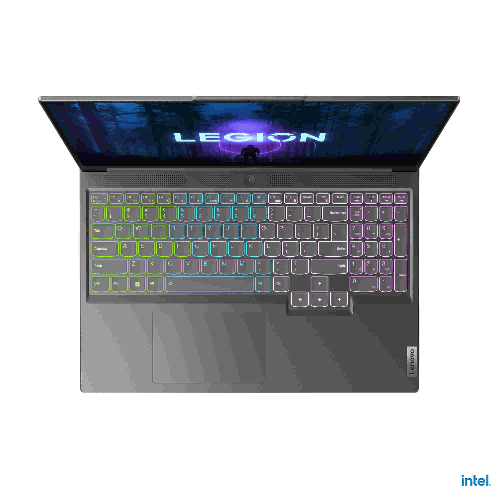 Aydınlatmalı klavye ve renkli ekranlı siyah bir Lenovo Legion dizüstü bilgisayarın yukarıdan görünümü.