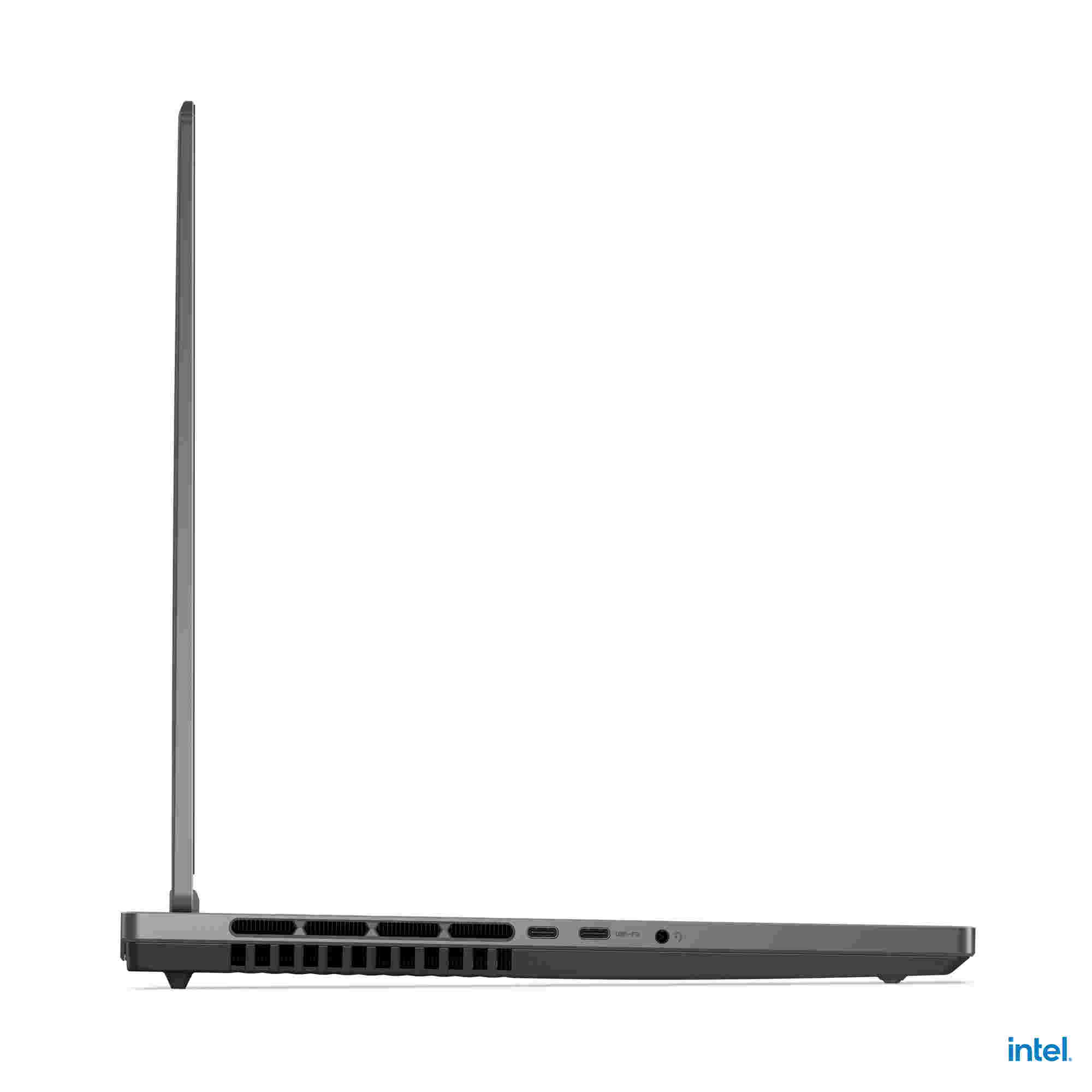 Bir dizüstü bilgisayar yandan. Dizüstü bilgisayar kapalı, bağlantı noktalarını ve intel logosunu gösteriyor.