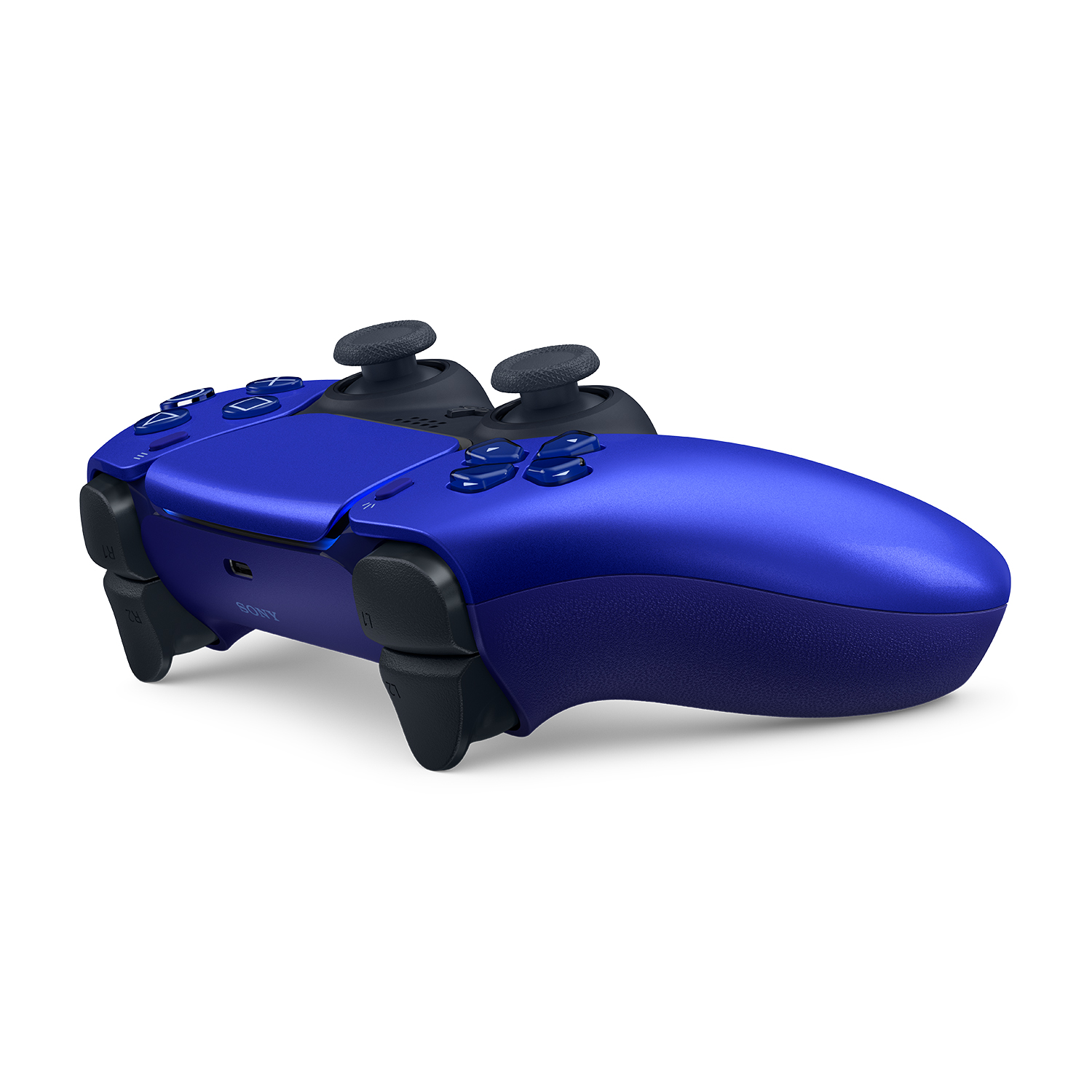 Controller blu PlayStation 5 su sfondo bianco.