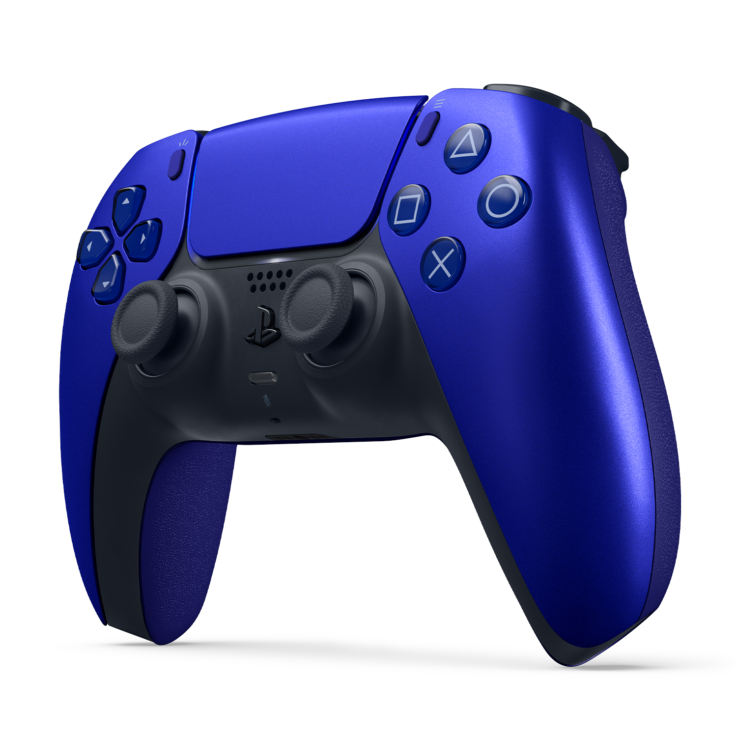 Controller PS5 blu e nero con dettagli dei pulsanti, su bianco.