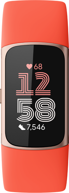 Tracker fitness corallo con schermo nero che mostra ora, passi e frequenza cardiaca. Dettagli oro rosa.