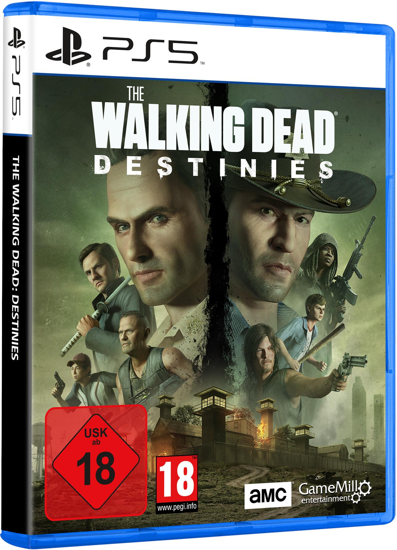 The Walking Dead: Destinies PS5-Spielbox. Enthält Charaktere aus der Serie.