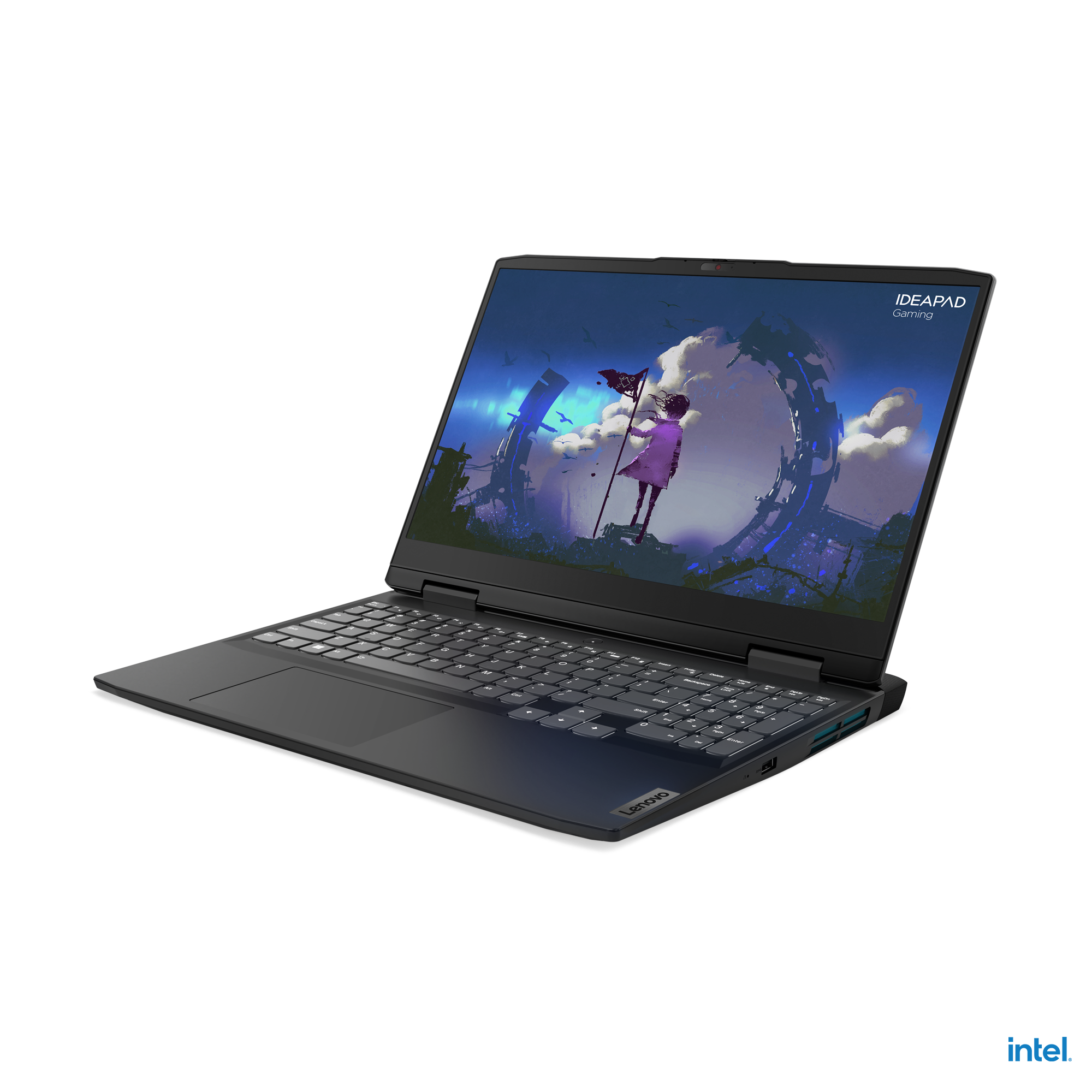 Oyun sahnesi gösteren açık dizüstü bilgisayar. Lenovo logosu. Intel logosu. Karanlık arka plan.