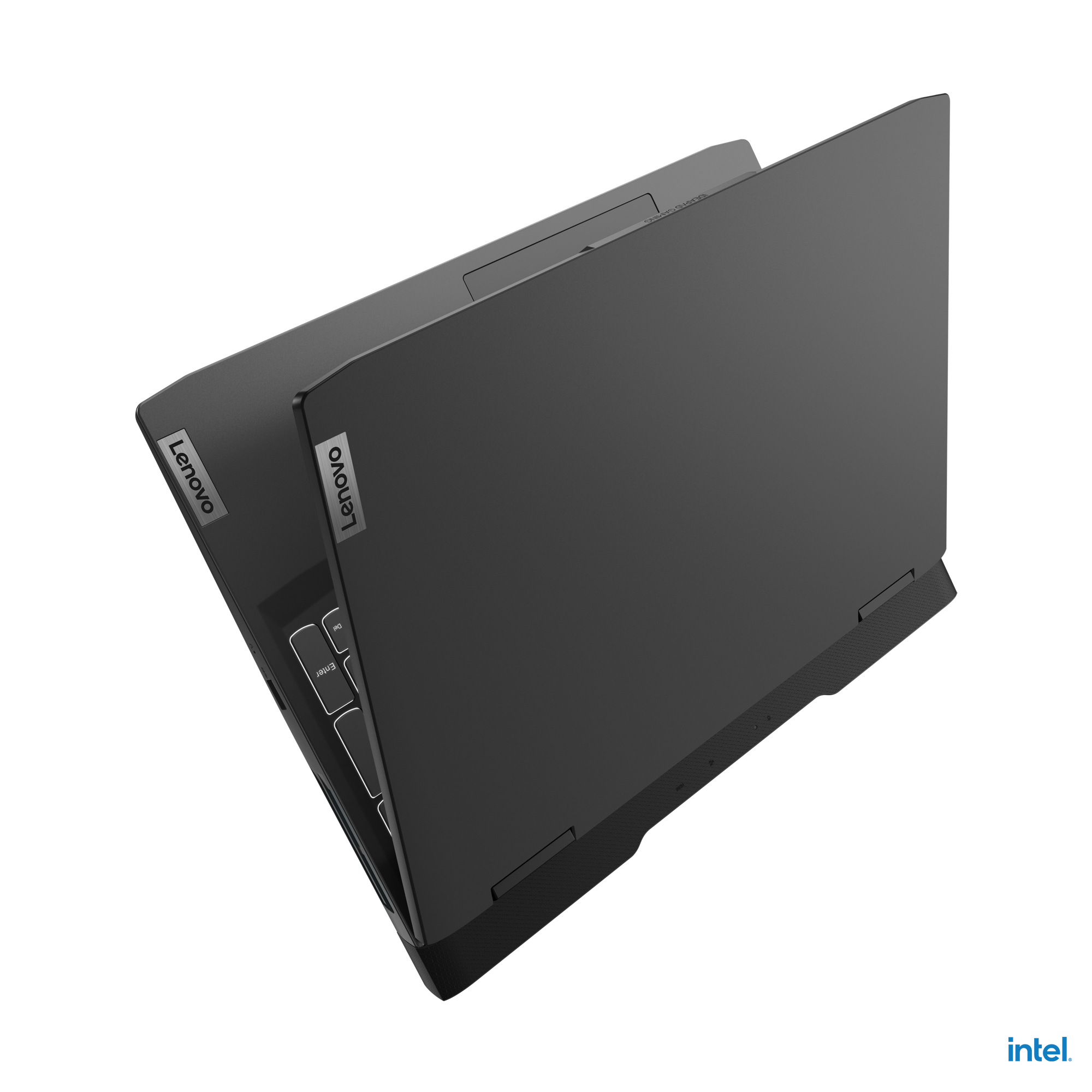 Ekranı gösteren bir açıyla açılmış dizüstü bilgisayar. Üstünde Lenovo logosu olan siyah dizüstü bilgisayar.