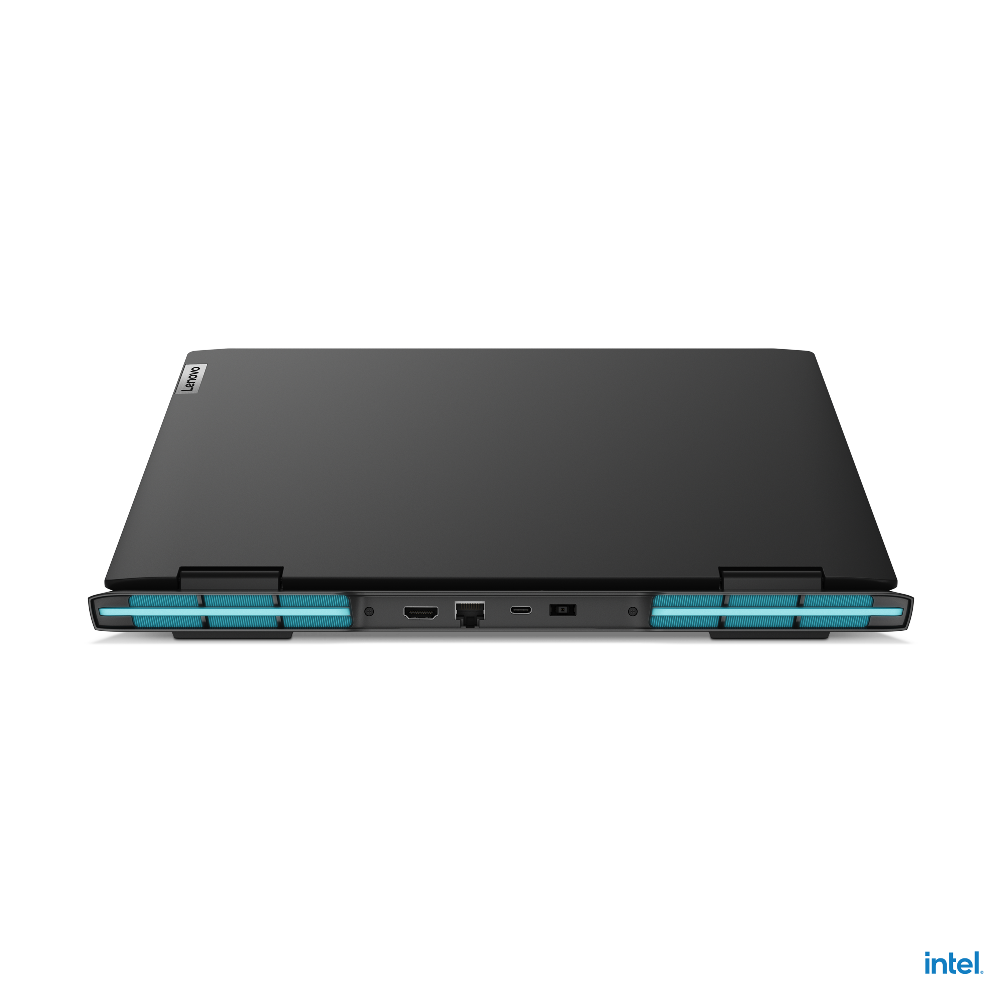 Lenovo oyun dizüstü bilgisayarı. Siyah, açık. Mavi vurgular. Intel logosu sağ altta.