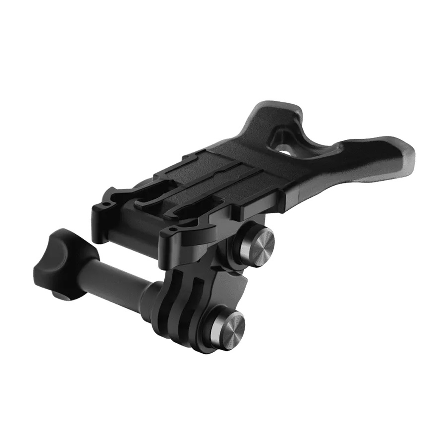 Supporto nero per action cam con molteplici punti di attacco e una vite.