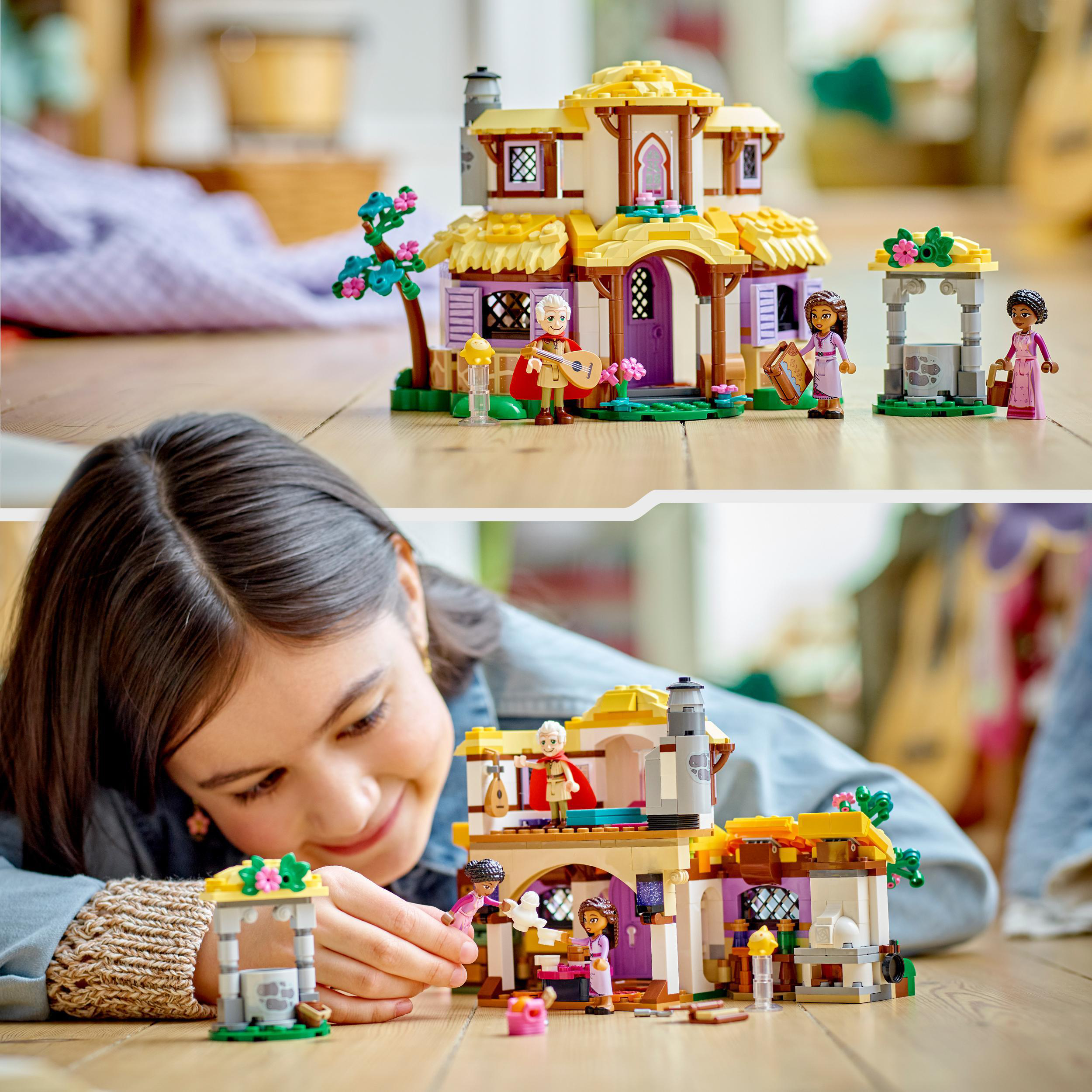Ein Lego Friends Set mit Haus, Figuren und einem spielenden Mädchen.