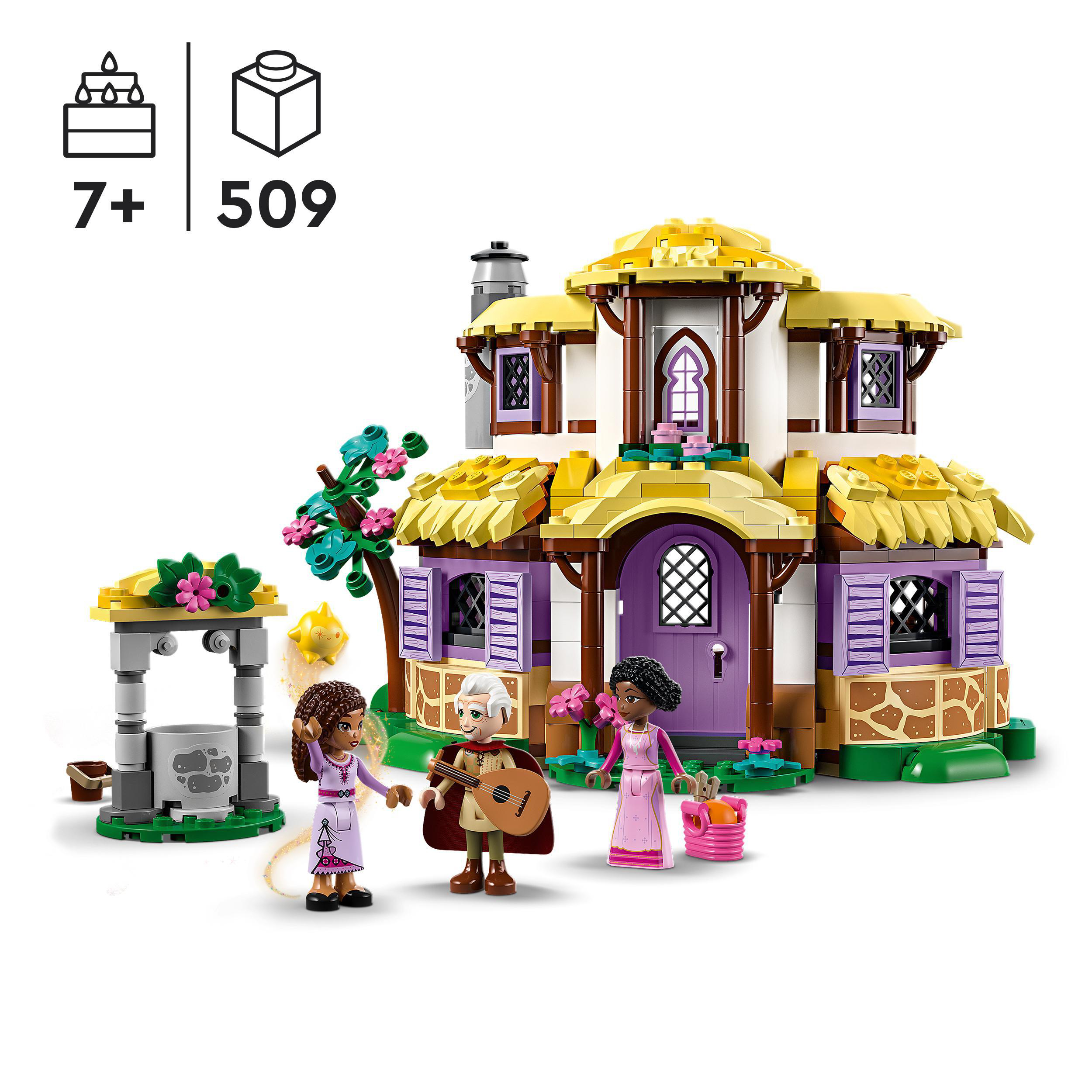 Ein Lego Disney Set mit drei Charakteren und einem Haus.