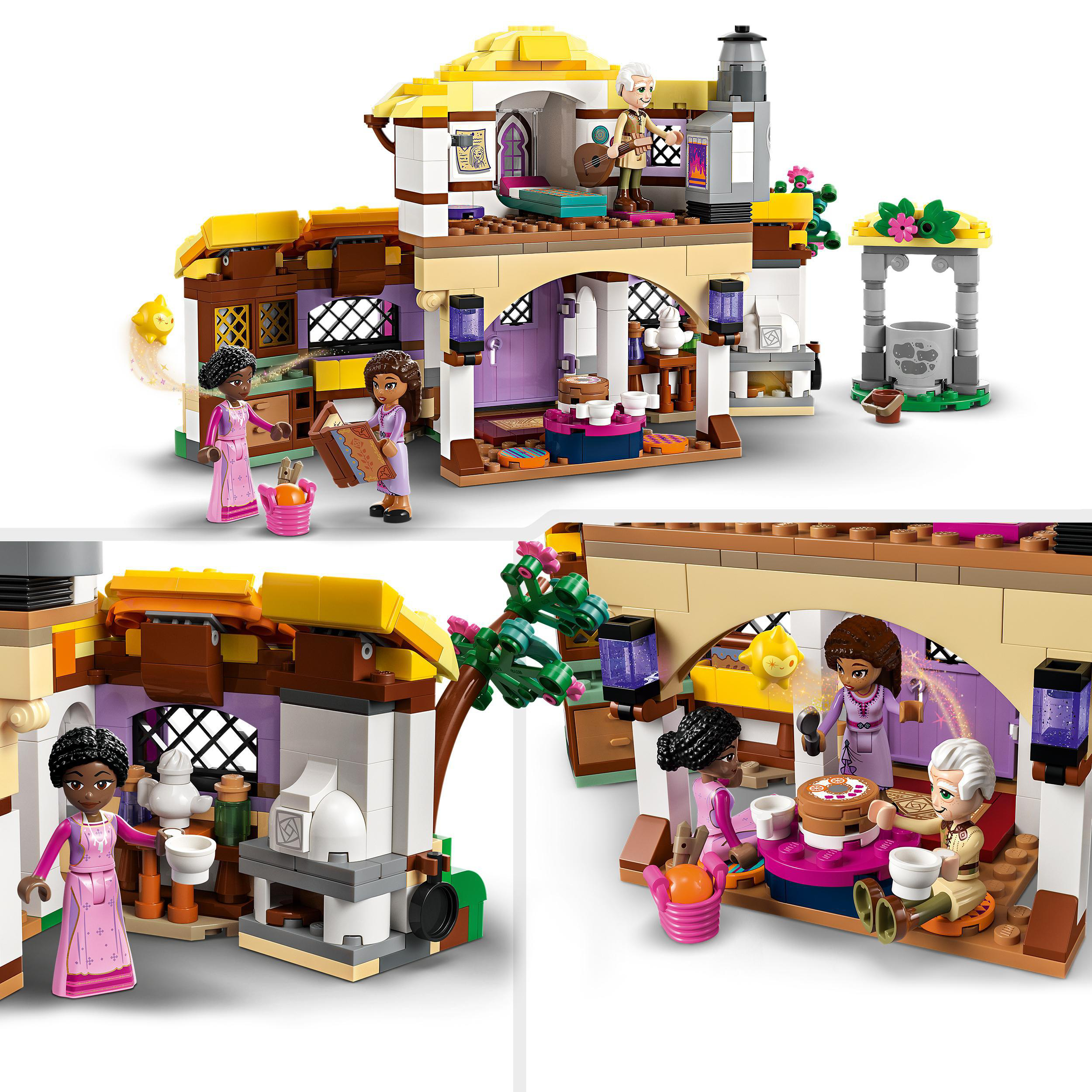 LEGO-Set mit drei Szenen: zweistöckiges Gebäude, Brunnen, Figuren von zwei Frauen und einem Mann.