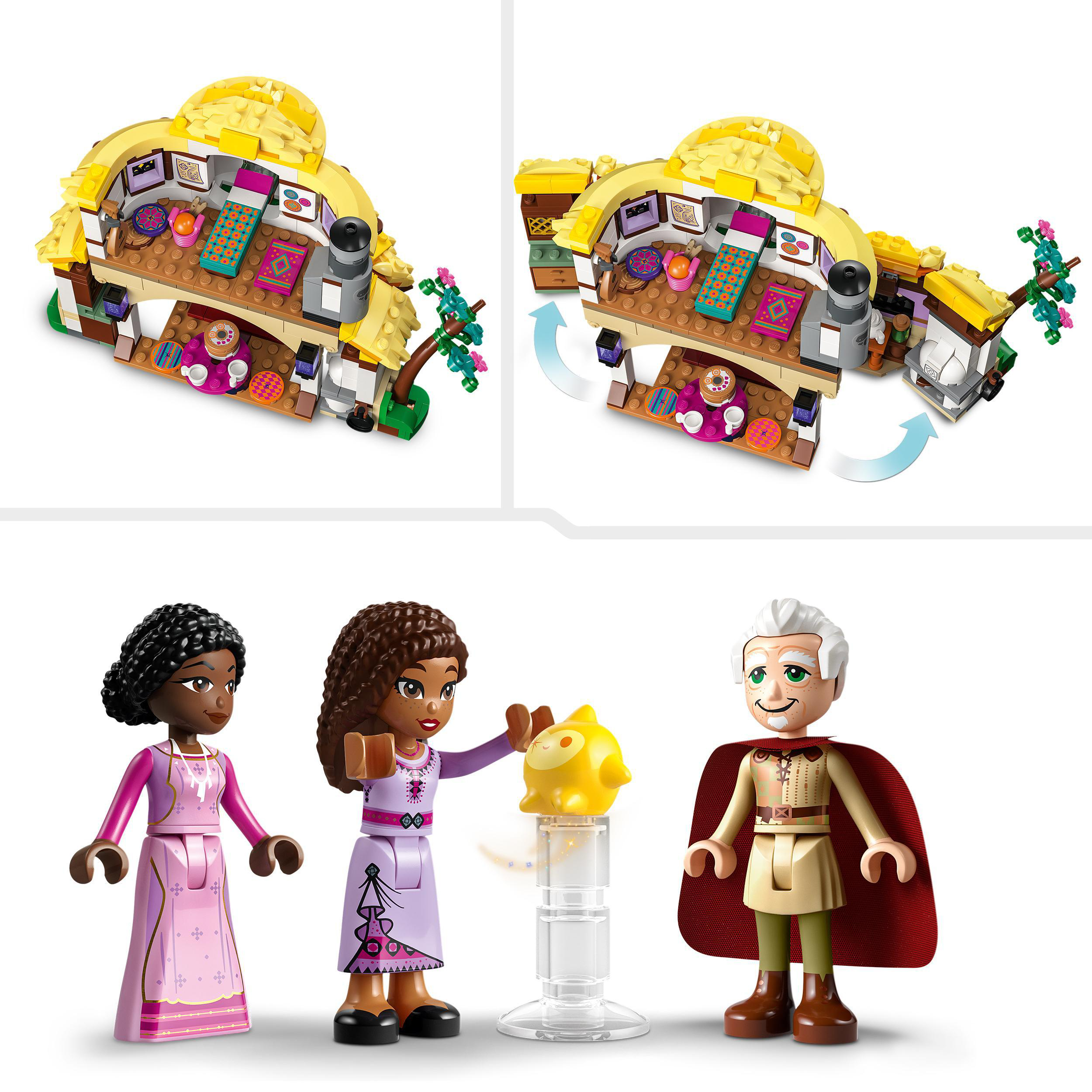 Lego-Set: zwei Gebäudeteile und drei Spielfiguren. Gelb und Rosa.