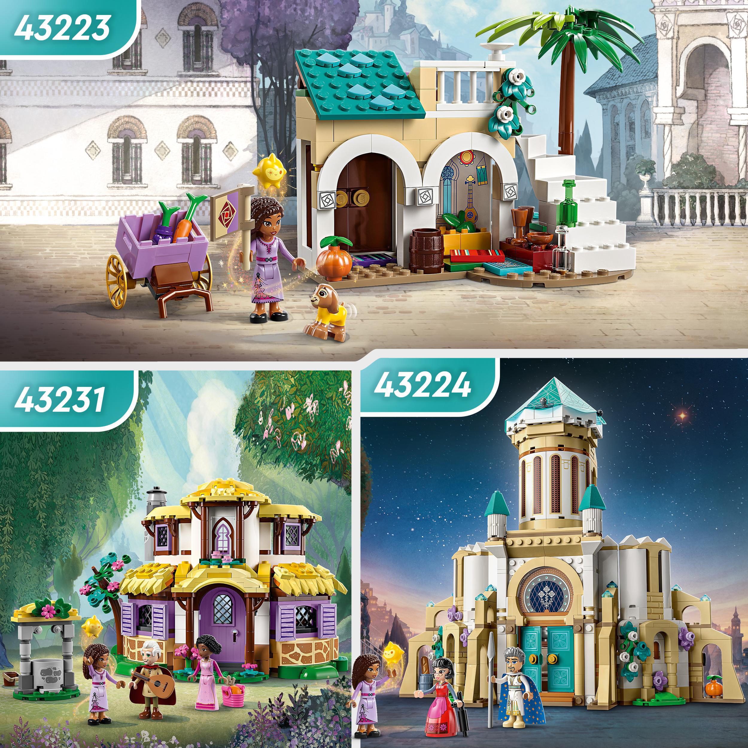 LEGO-Sets: 3 Häuser mit Figuren und Zubehör. Szenen variieren von einem Haus mit Kürbissen bis zu einer burgähnlichen Struktur.