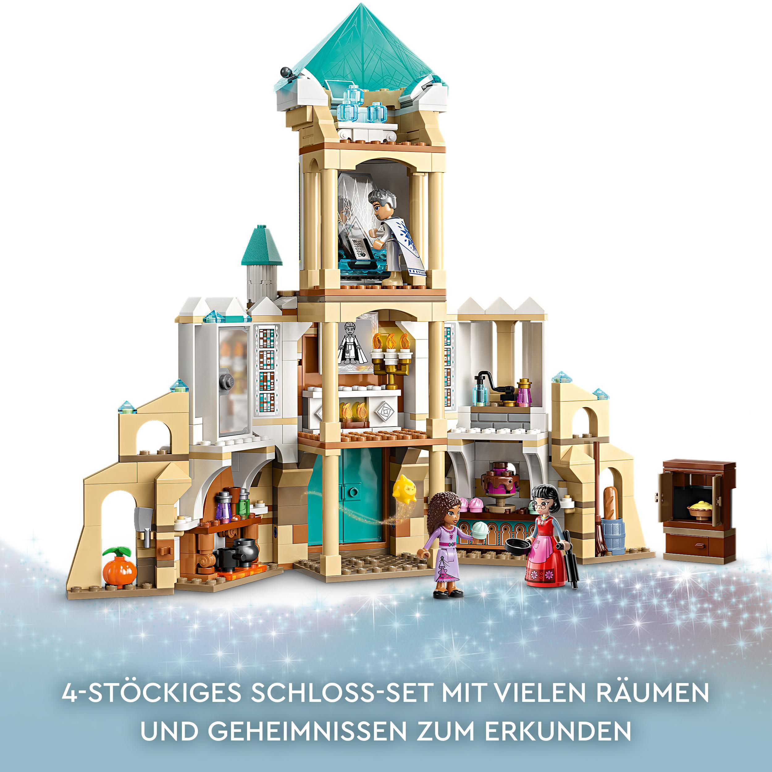 Ein mehrstöckiges Lego-Schloss mit zwei Figuren, einem Turm und mehreren Räumen, mit Text unten.