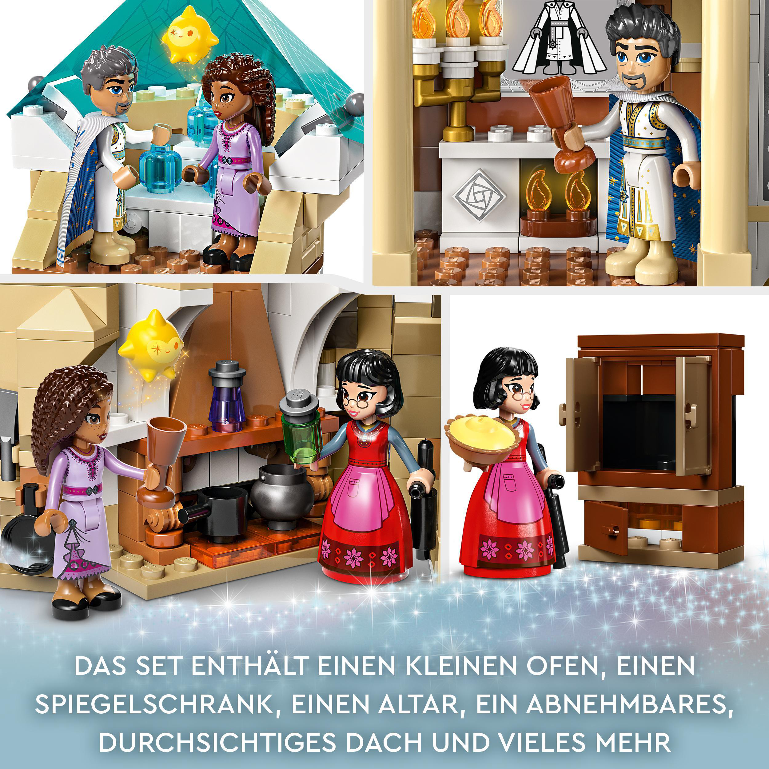 LEGO-Set-Szene. Figuren in einer Tempelkulisse, mit verschiedenen Bauelementen.