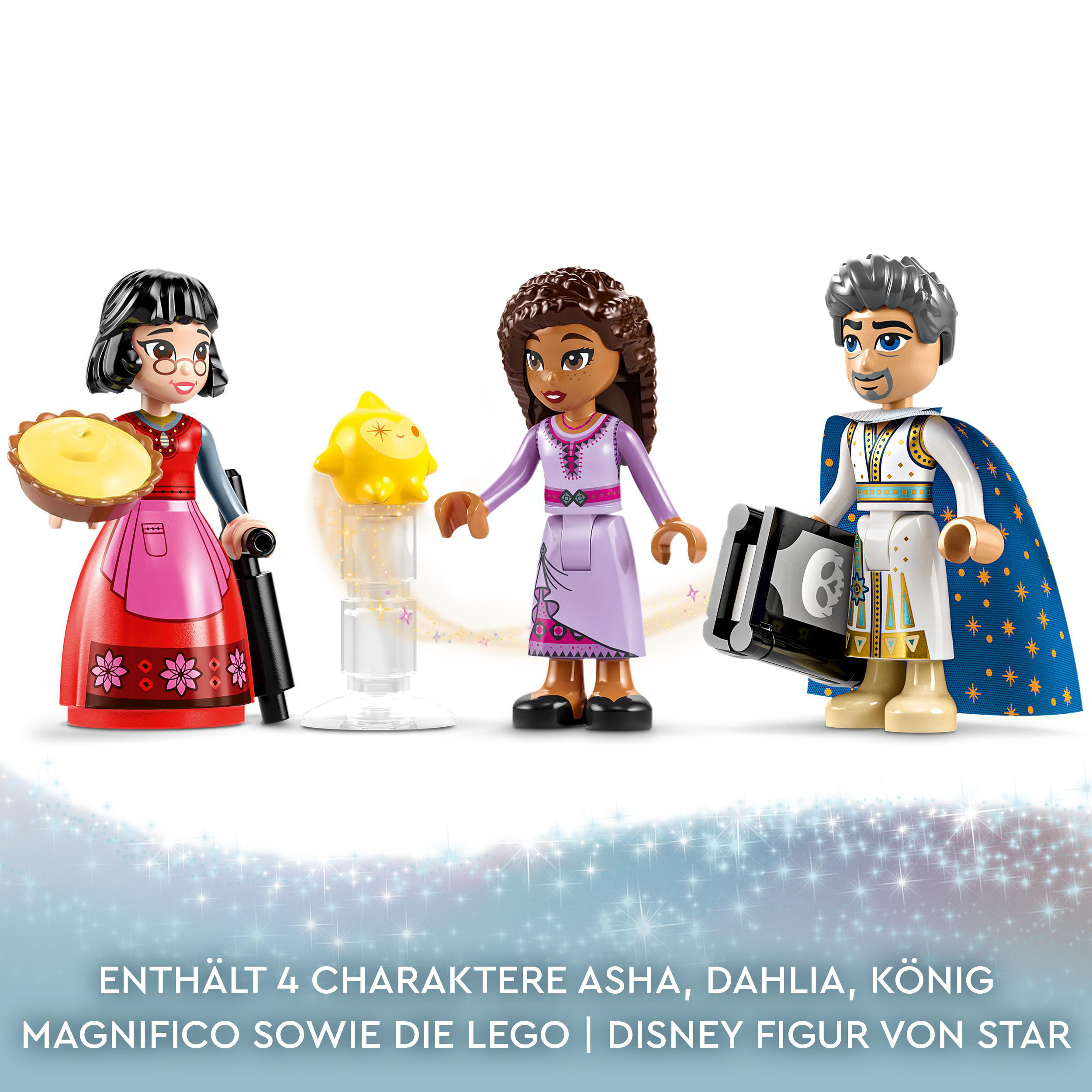 Vier Lego Disney Figuren. Text: 'Enthält 4 Charaktere: Asha, Dahlia, König Magnifico'.
