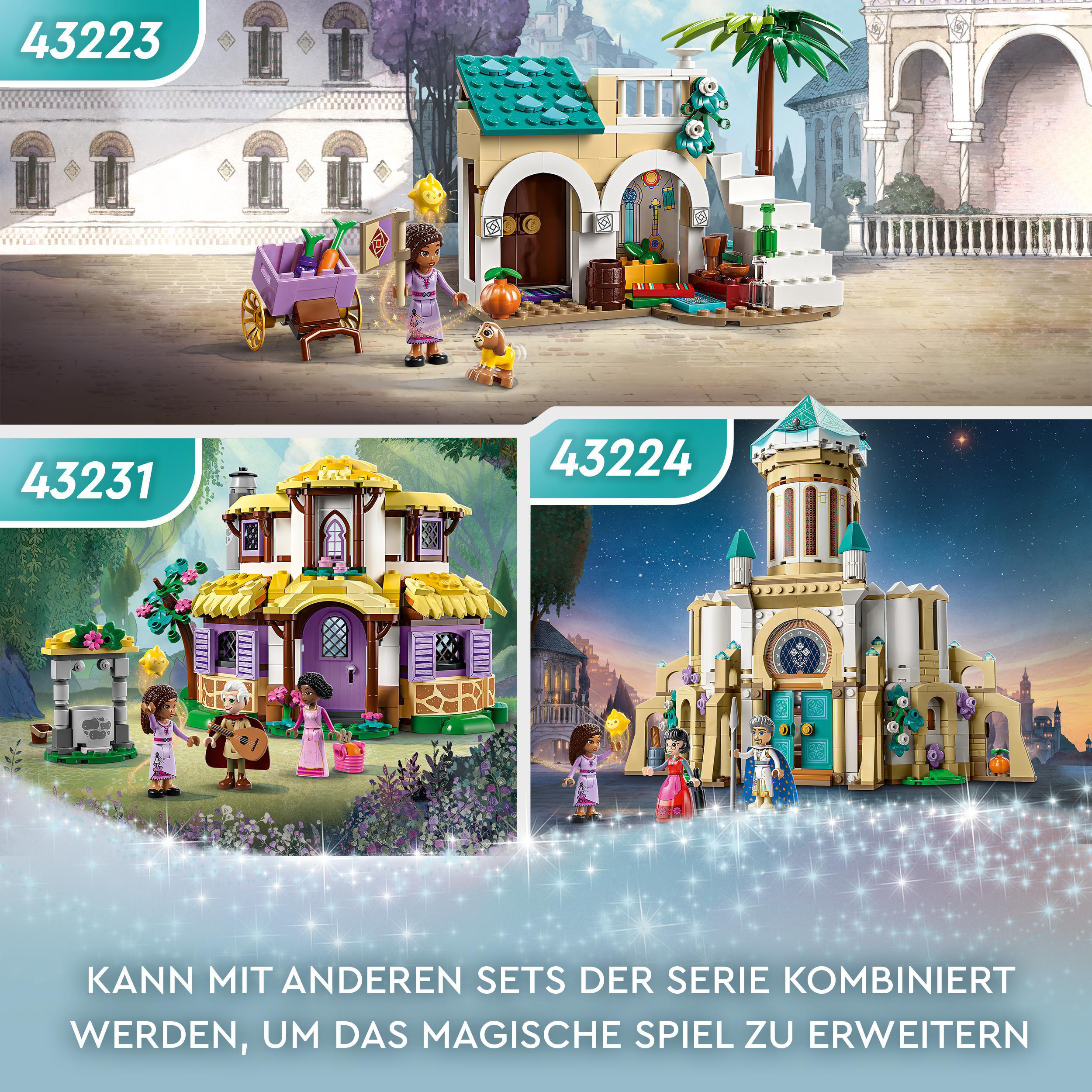 LEGO-Sets mit verschiedenen Gebäuden und Minifiguren. Enthält Häuser, Charaktere und Text.