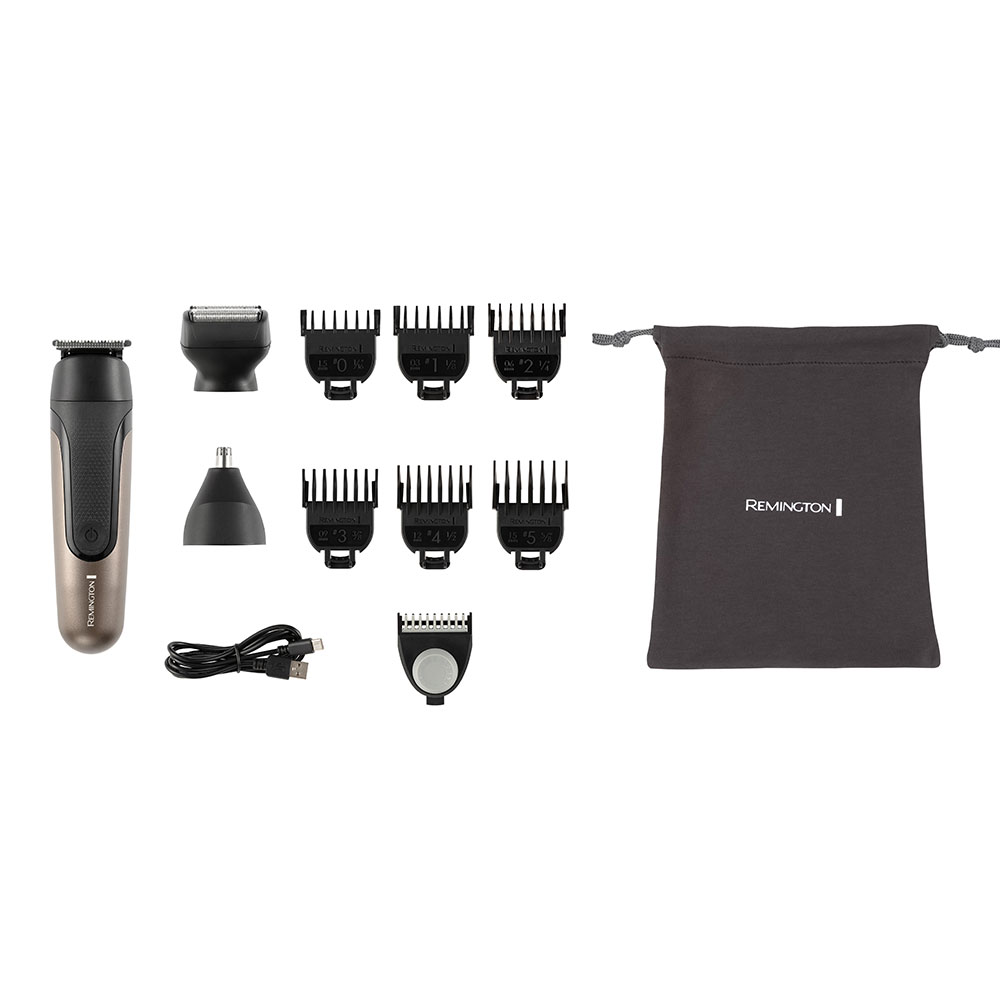 Egy Remington multi-groomer készlet különböző tartozékokkal. A készlet tartalmaz egy táskát és egy töltőkábelt.