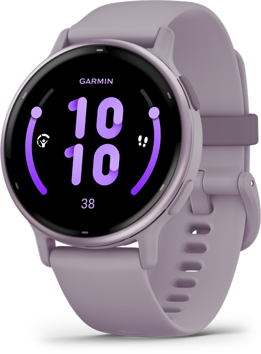 Egy világos lila Garmin okosóra fekete képernyővel. A szíj is világos lila.