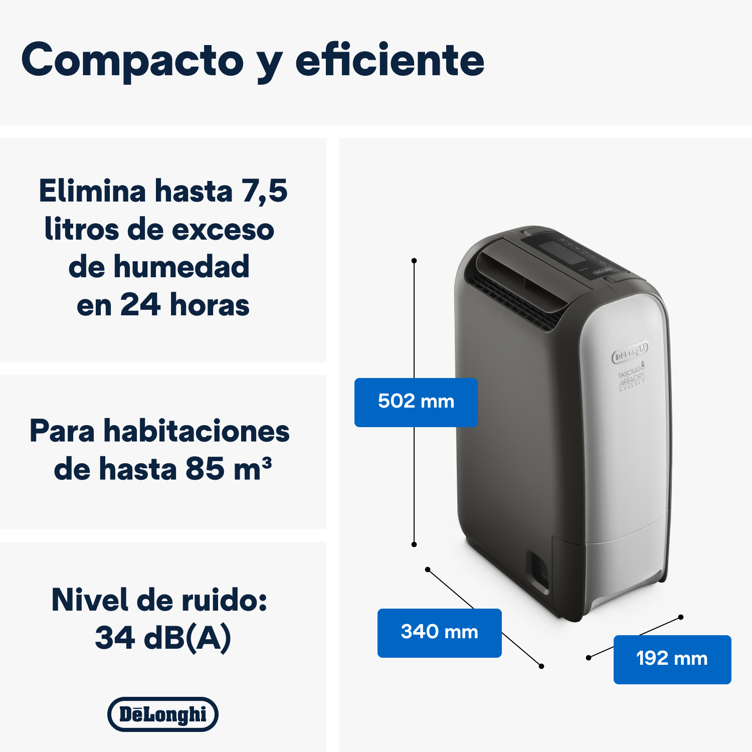 Deshumidificador con medidas y texto. Diseño compacto y eficiente. Gris y blanco.