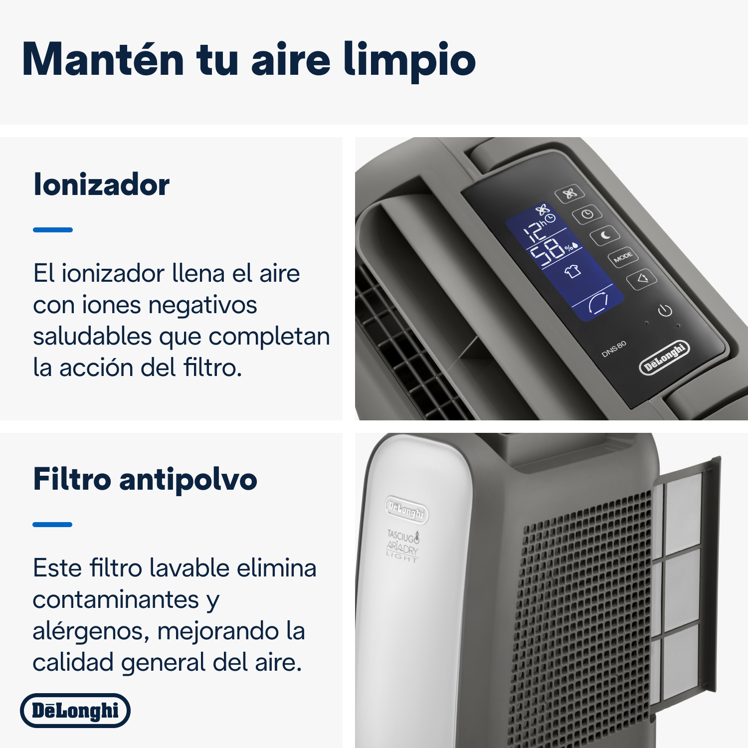 Un purificador de aire DeLonghi, con información sobre el ionizador y el filtro.