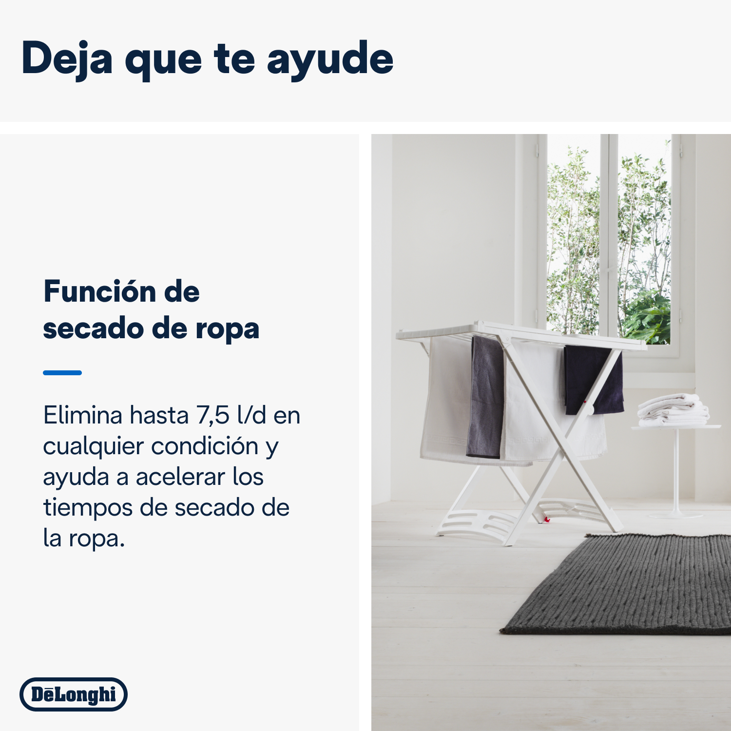 Anuncio de DeLonghi con texto en español sobre el secado de ropa, mostrando un tendedero.