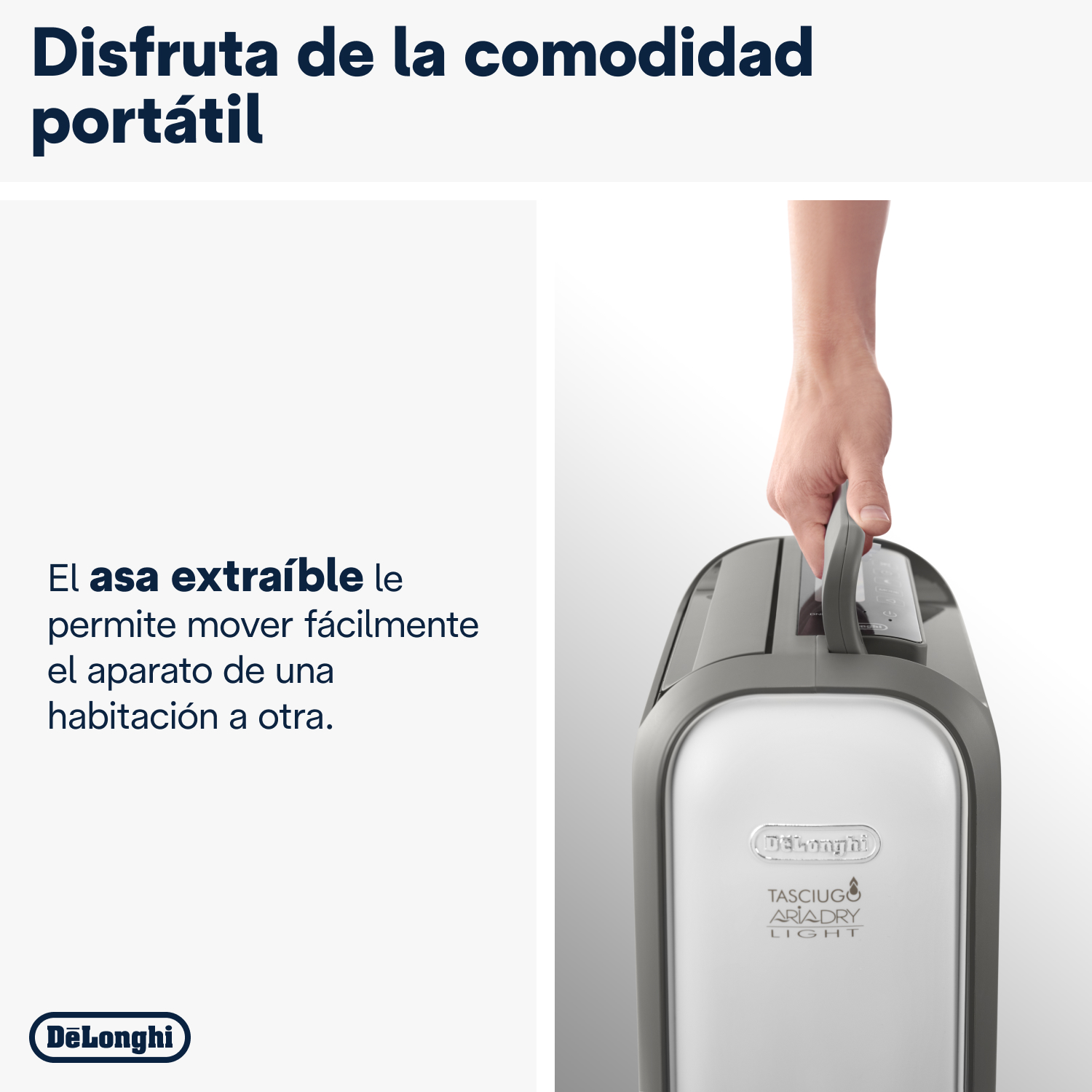 La mano de una persona sosteniendo un deshumidificador, con texto en español sobre portabilidad.
