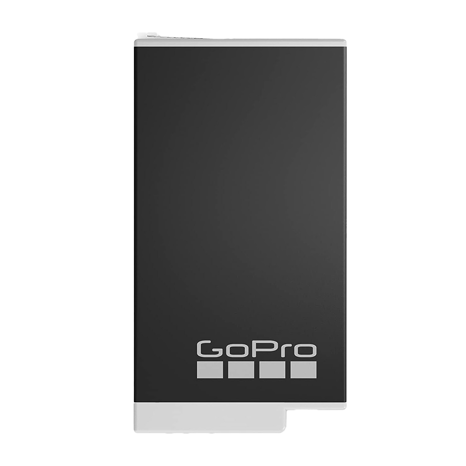 Una batteria GoPro nera. Il logo GoPro è sulla parte anteriore.