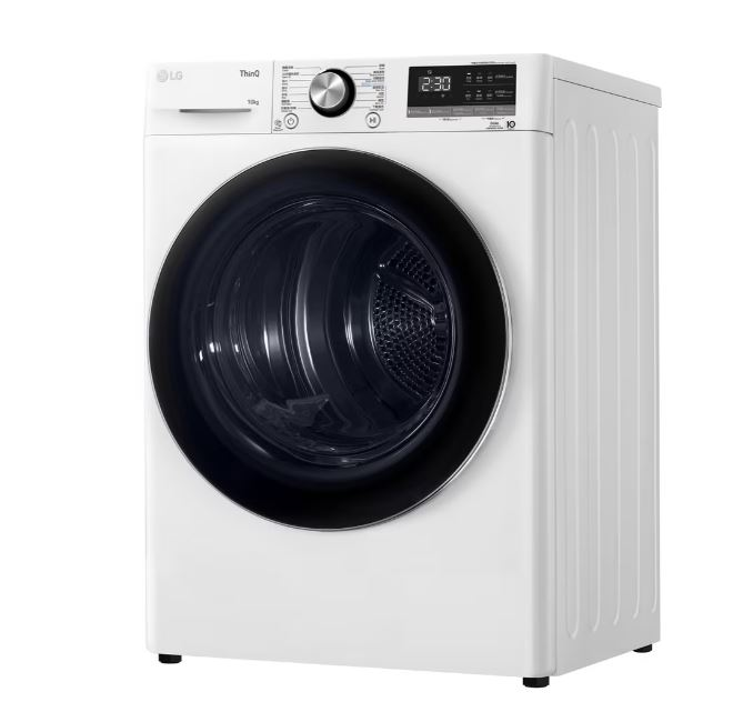Beyaz LG çamaşır makinesi kurutma makinesi kombinasyonu. Büyük siyah kapı, zaman ve ayarları gösteren dijital ekran.