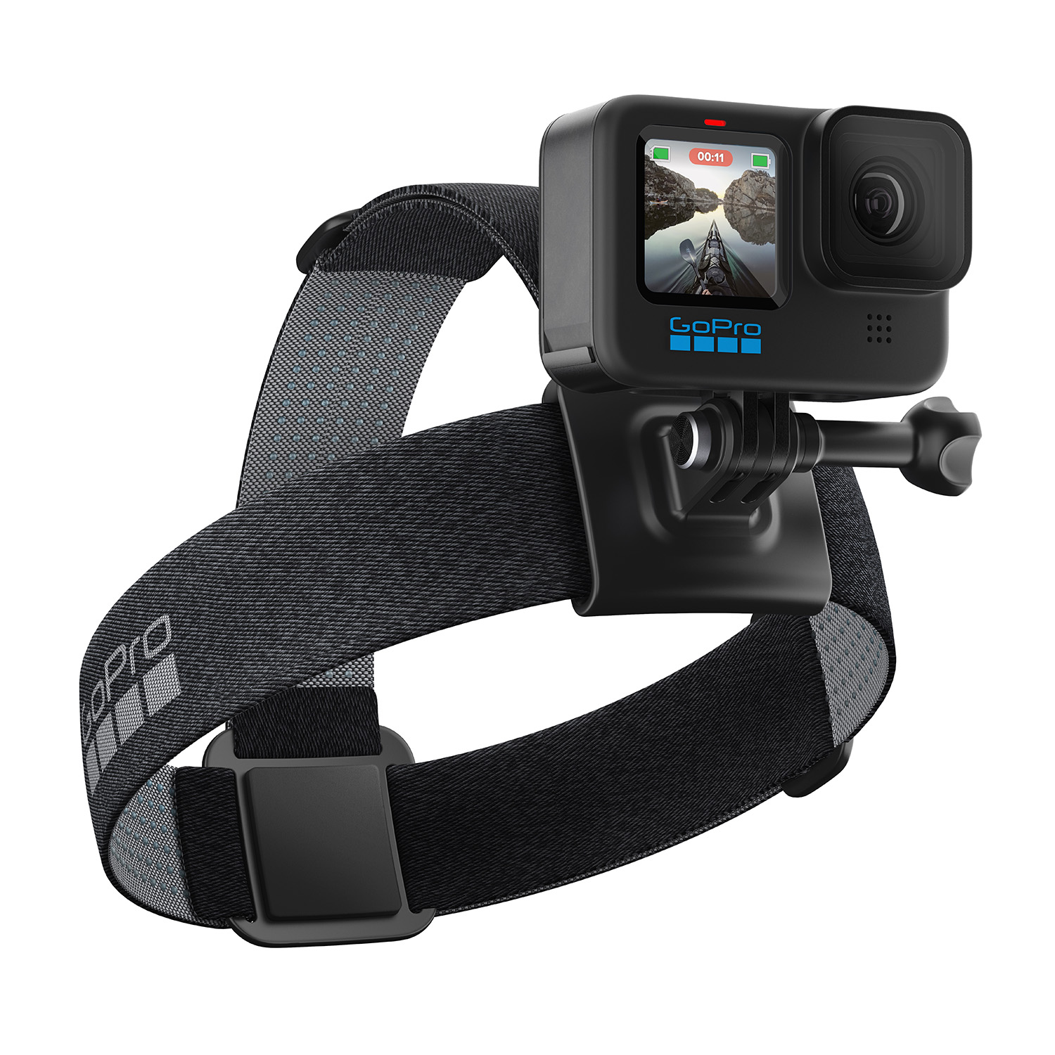 Fotocamera GoPro montata su un cinturino nero, che mostra una vista panoramica sullo schermo.