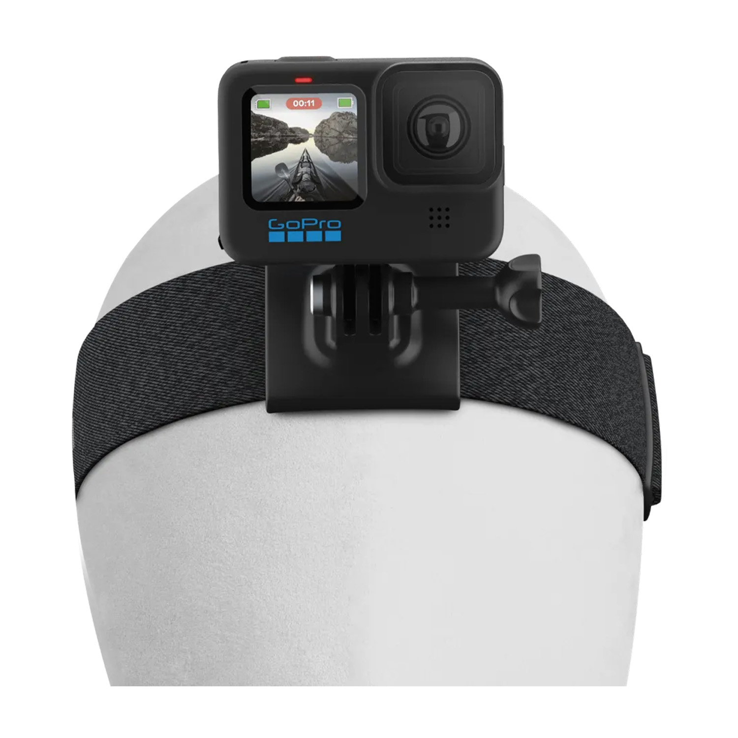 Fotocamera GoPro nera su una testa bianca. La fotocamera mostra una scena di kayak.